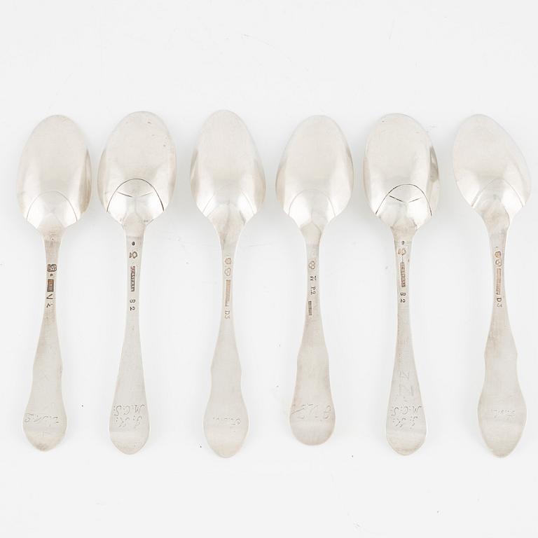 Six Swedish silver table spoons, 18th-19th century.