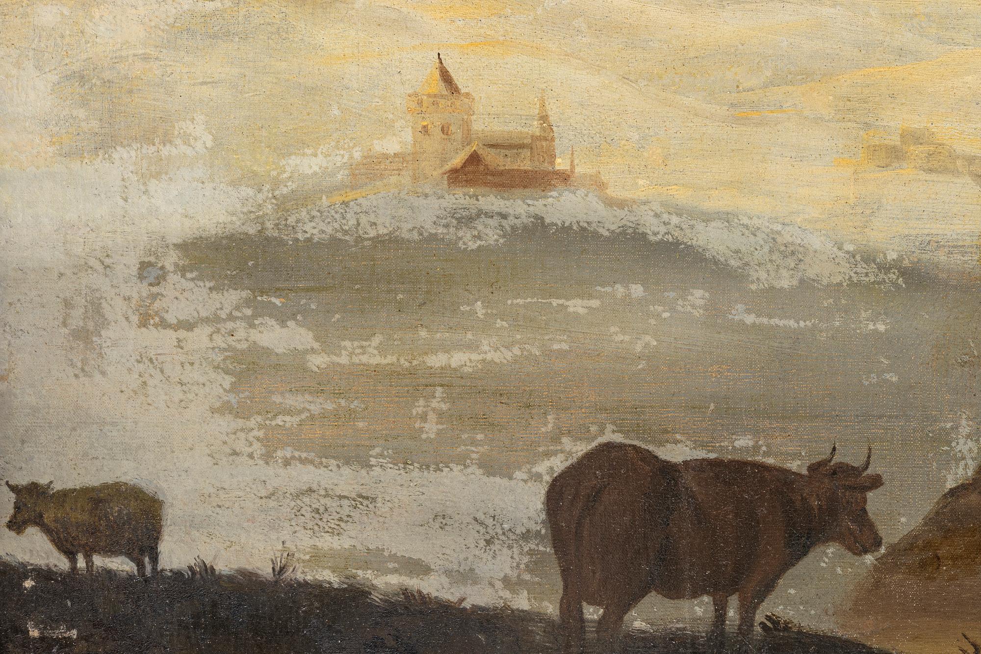 Aelbert Cuyp, follower of., Pastoral coastal landscape with figures and livestock.