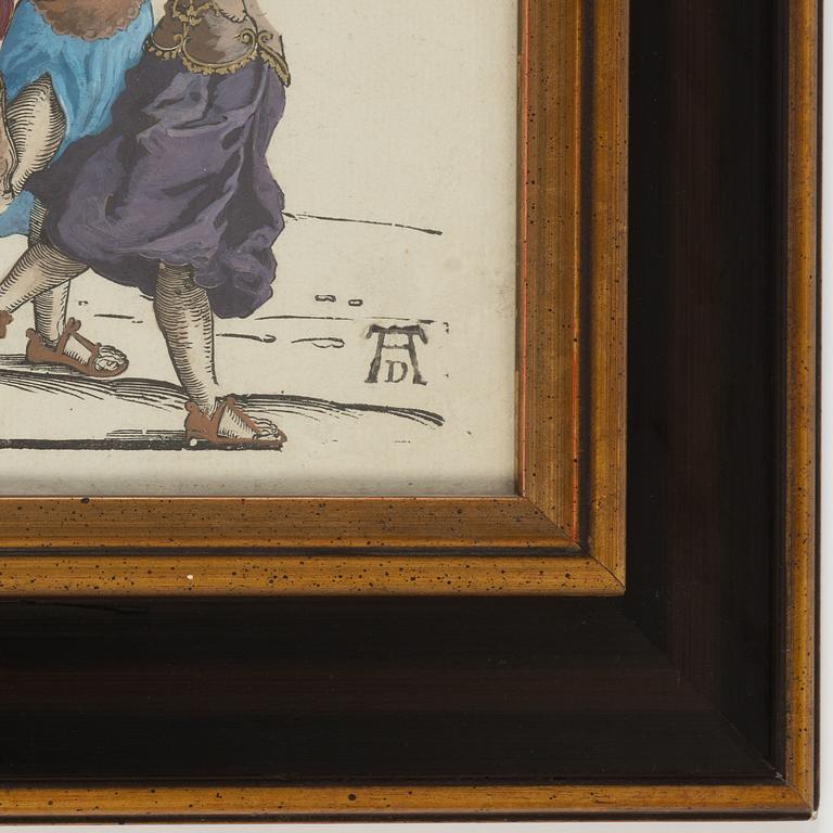 Albrecht Dürer, efter. Träsnitt, 1700/1800-tal med senare handkolorering.