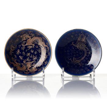 A group of 10 (8+2) blue glazed dishes, late Qing dynasty.