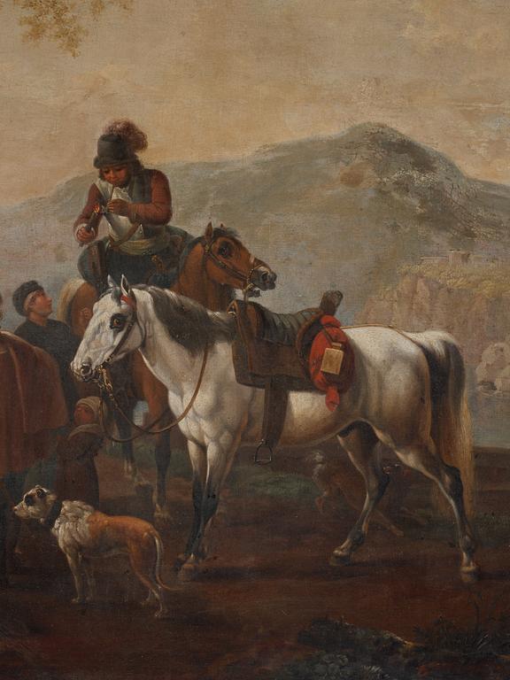 Philips Wouwerman Follower of, Landscape with figures and horse men, a pair.