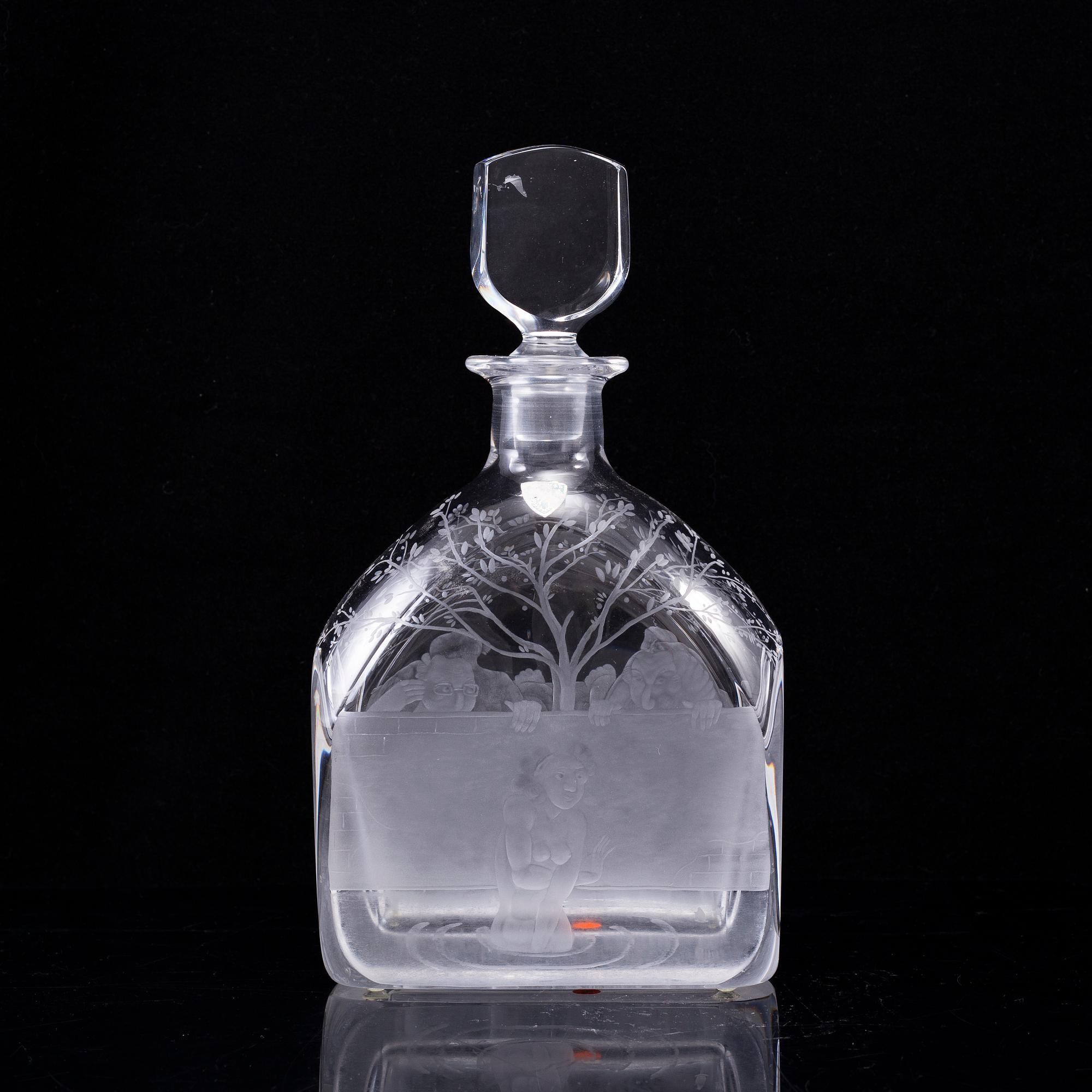 EDWARD HALD, an engraved bottle with stopper Orrefors, Sweden, model 1230.