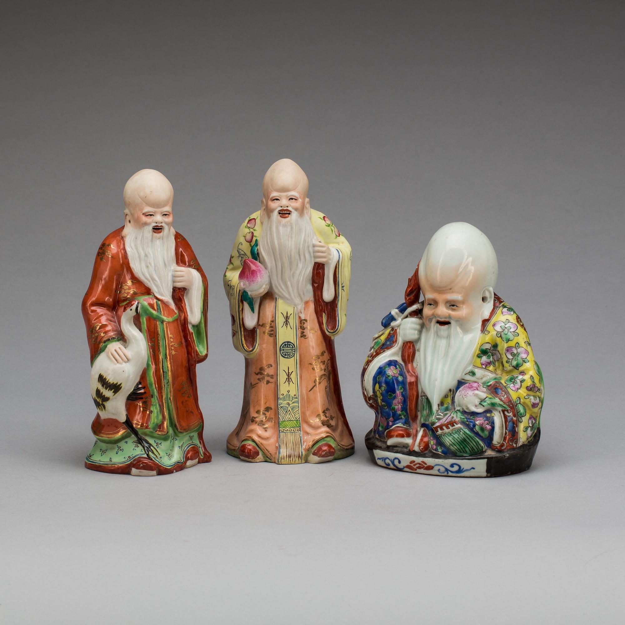 FIGURINER, 3 st, porslin, SHOU LAO, Kina. 1900-tal.