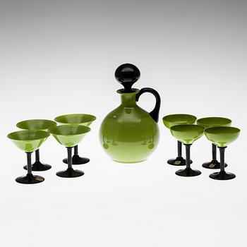 KARAFF samt LIKÖRGLAS PÅ FOT, 4+4 st, Åfors Glasbruk, 1930-tal.