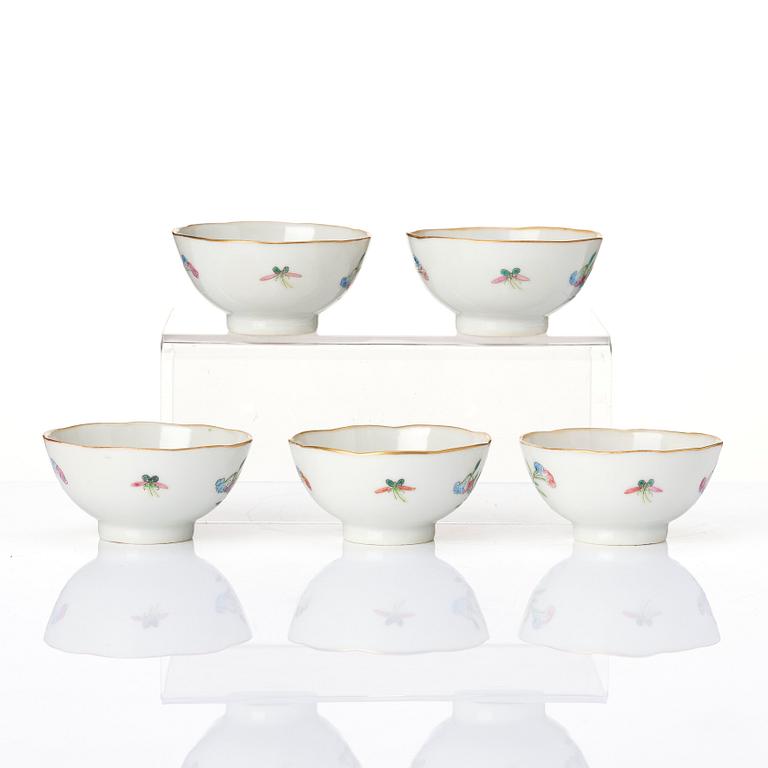 A set of five 'rooster' cups, early 20th Century, Daoguang seal mark in red.