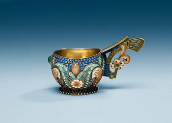 A Russian early 20th century silver-gilt and enamel kovsh, makers mark of Fedor Rückert, Moscow 1899-1908.