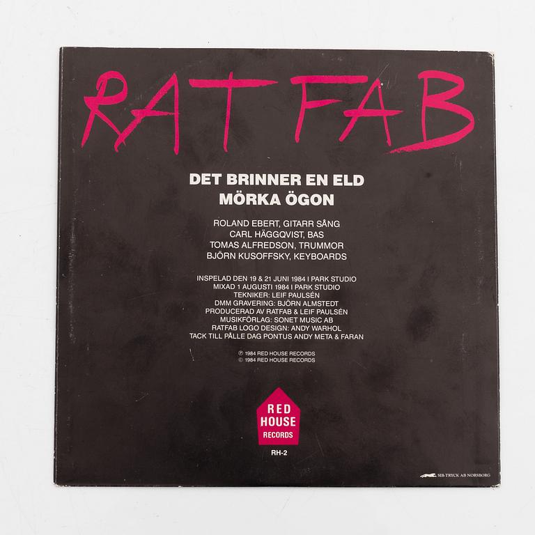 Vinyl record, Rat Fab, "Det brinner en eld". Cover designed by Andy Warhol, 1984.