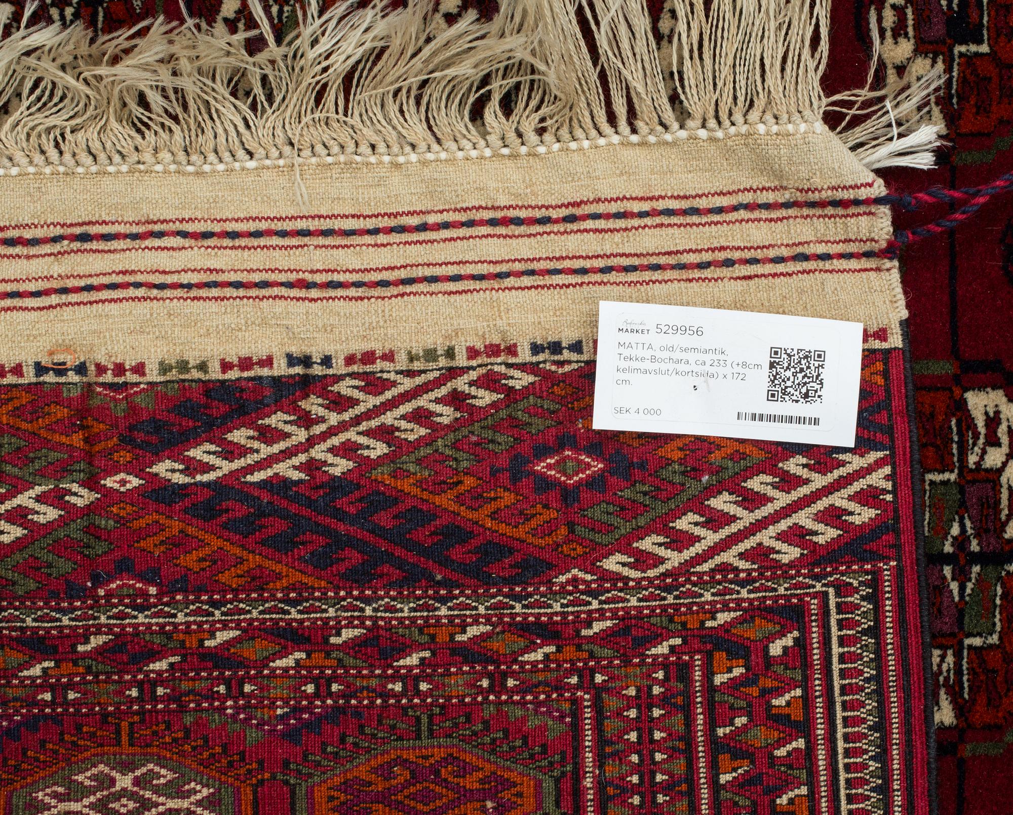 MATTA, old/semiantik, Tekke-Bochara, ca 233 (+8cm kelimavslut/kortsida) x 172 cm.
