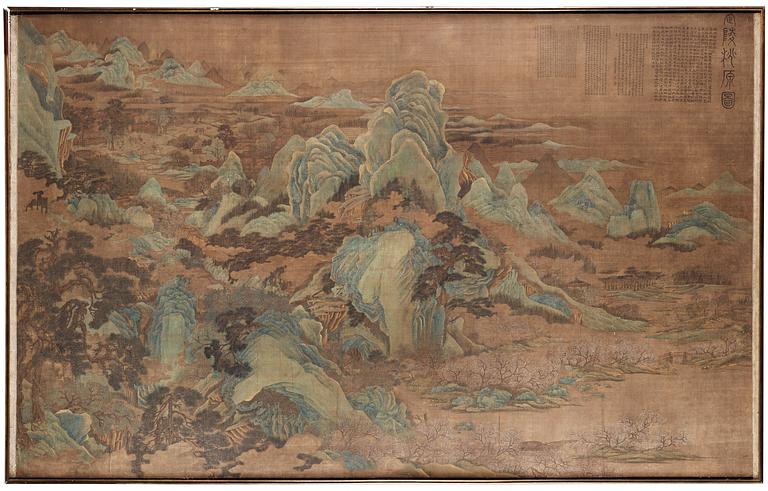 A large water colour and ink painting on silk, by Anonymous artist, Qing dynasty, 18th/19th Century.