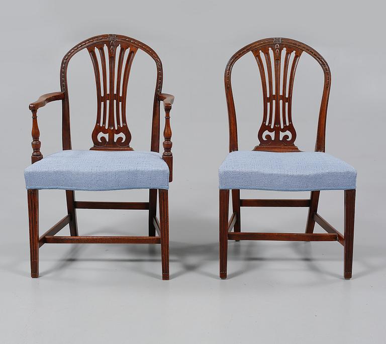 STOLAR, 6 st, samt KARMSTOLAR, 2 st, England, 1800-tal.