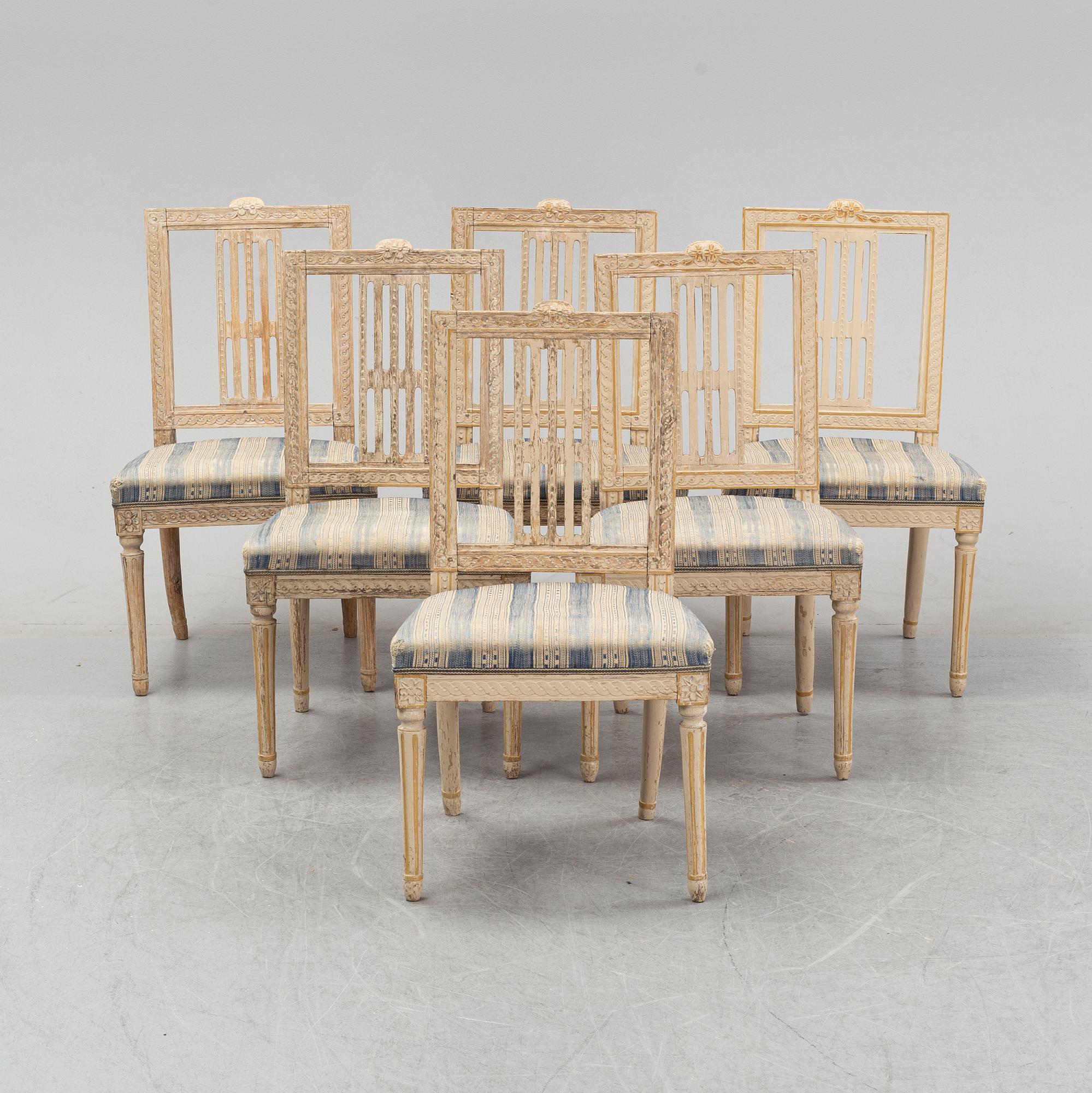 A set of six gustavian chairs made in Lindome by Johannes Andersson (1763-1840), signed IAS+, around the year 1800.