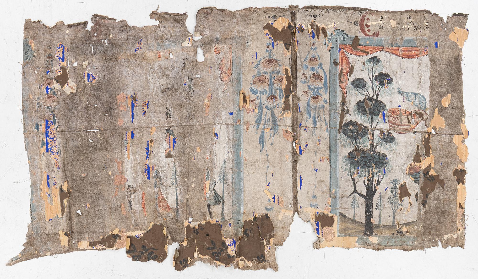 A nine-piece part folk art wall painting from Värmland, Sweden, late 18th century.