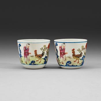 A pair of famille rose rooster cups, China, second half of 20th Century, sealmark in red.