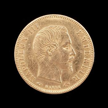 MYNT, 21, 6K guld, 5 franc, Napoleon III, Frankrike, 1856. Vikt ca 1,6g.