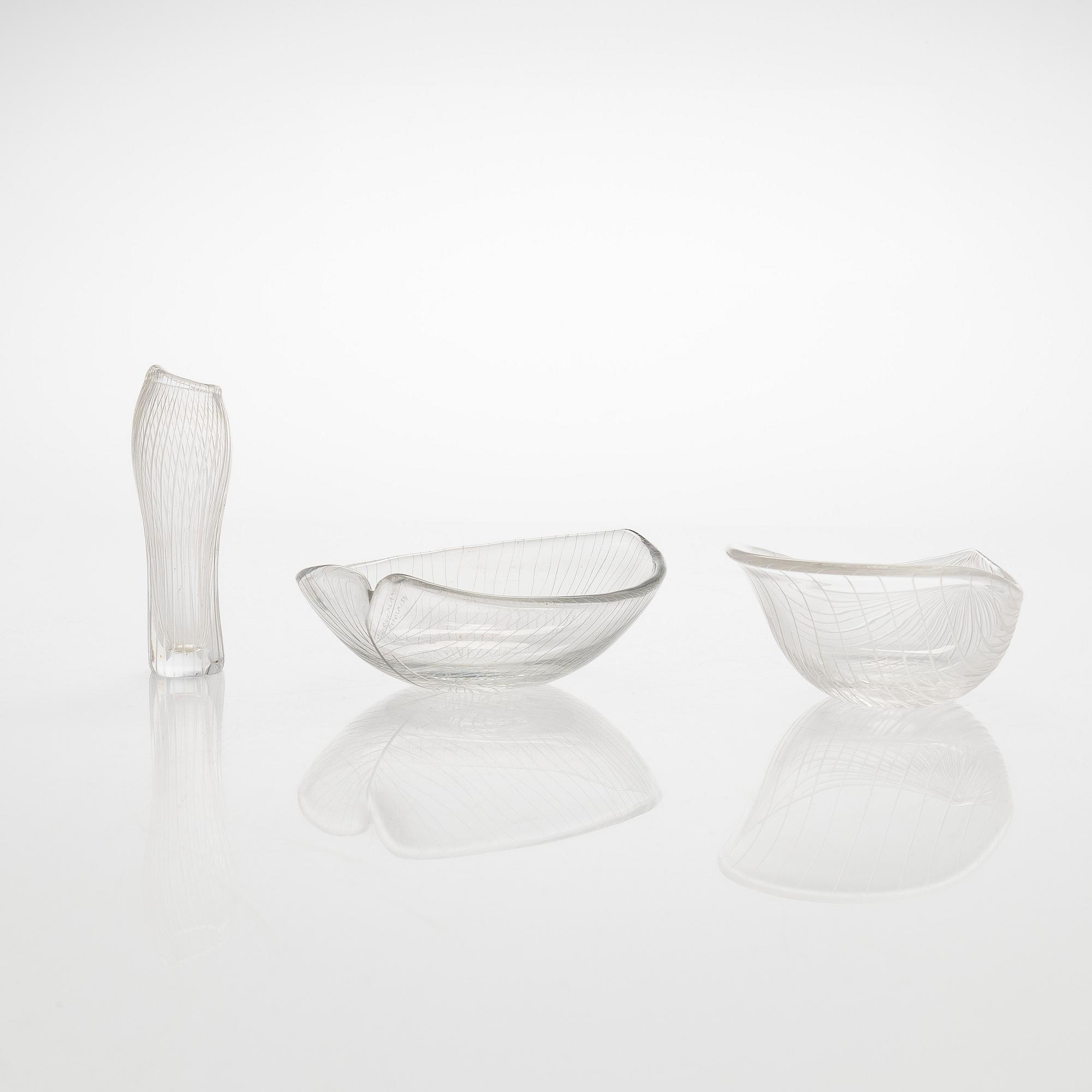 Tapio Wirkkala, a set of three mid-20th century, small line cut art glass objects, signed, Iittala.