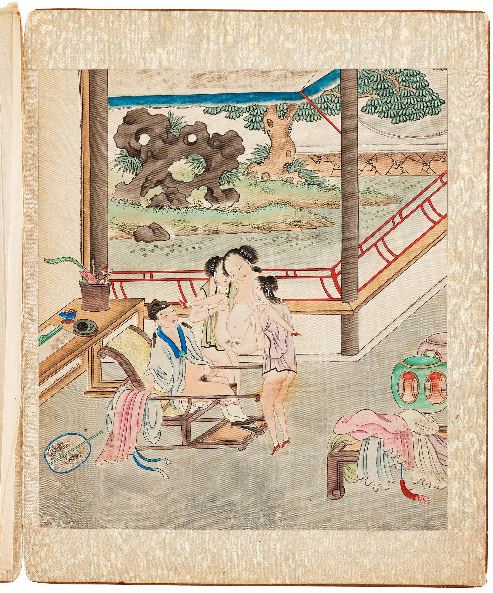 Okänd konstnär, akvarell och tusch på siden, tre stycken i bok. Qingdynastin, 1800-tal.