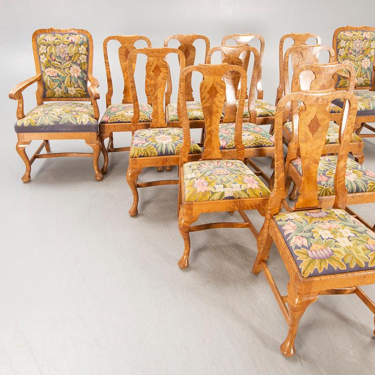 An eleven pcs birch Rococo style dining group early 1900s from Mobilia Malmö.