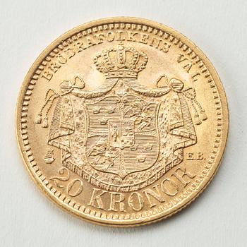 A gold coin, 20 swedish kronor, 1899, weight c 9 g.