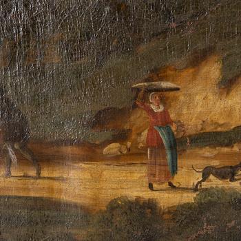 Unknown artist, 18th century, Landscape with a wandering figure outside the city.