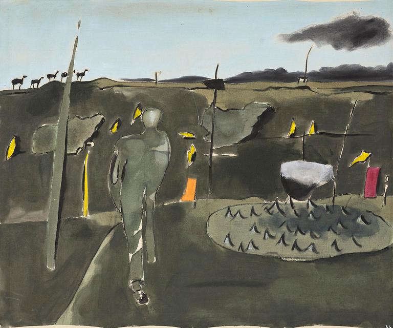 Lage Lindell, ”Landskap med figur och får, Gotland”.