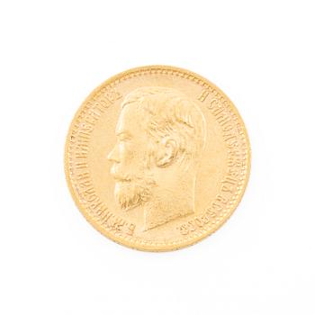 Gold coin, Nicholas II, Russia, 5 Rubles, 1899.