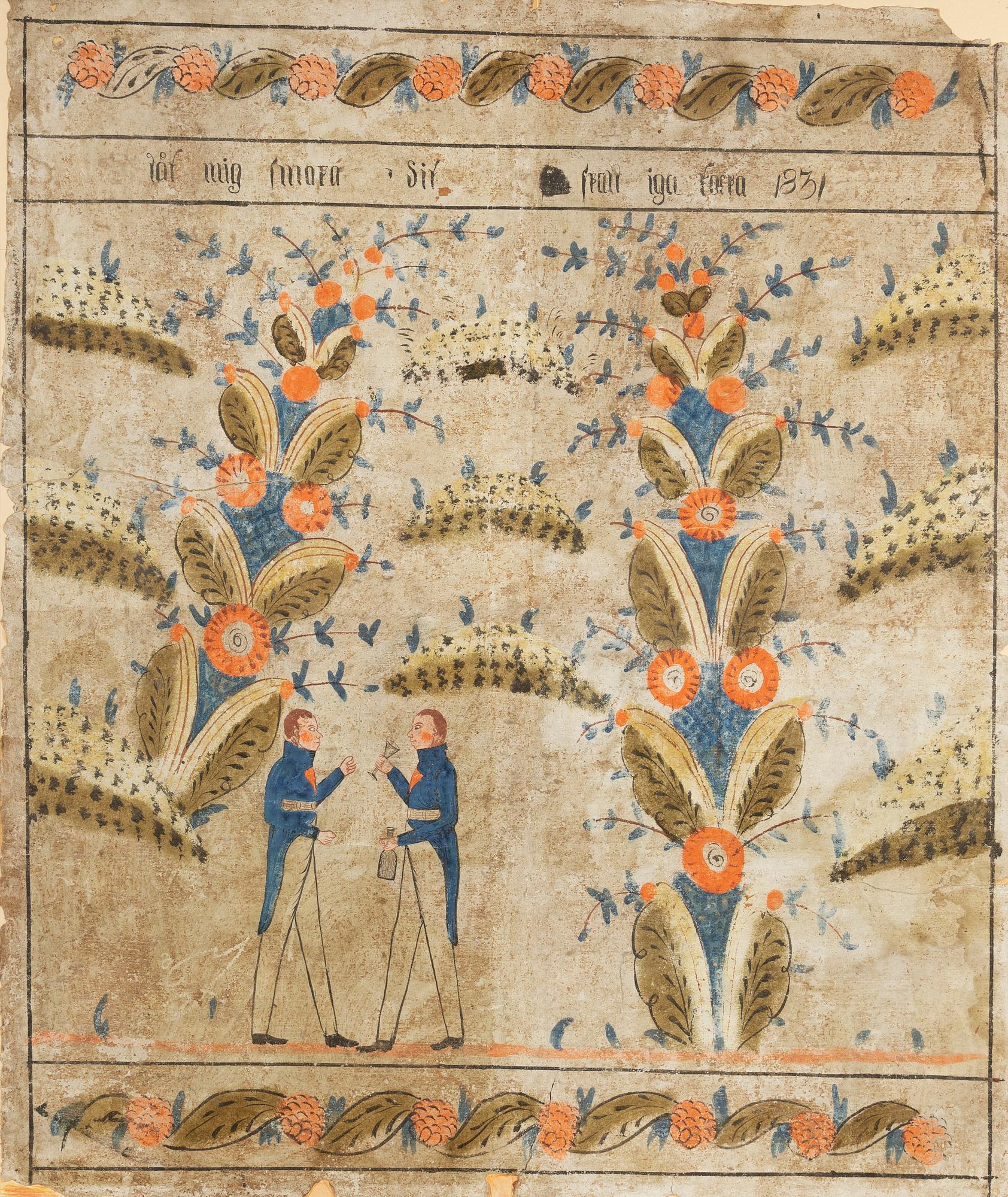 Bonadsmålning, troligen Dalarna, allmoge, daterad 1831.