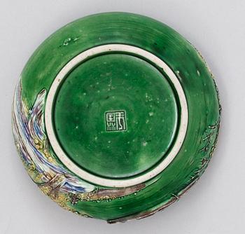 A famille verte bisquit brush washer, Qing dynasty (1644-1912). With seal mark.