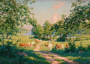 727. Johan Krouthén, Sunlit landscape with cows.
