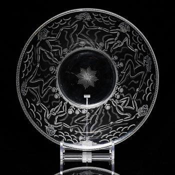 Edward Hald, an engraved glass bowl with plate, Orrefors, Sweden, 1926, model 305, engraved by Emil Goldmann.