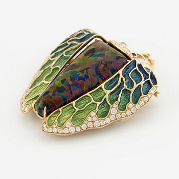 Brooch, butterfly, 18K gold with enamel, synthetic opal, rubies and brilliant-cut diamonds.