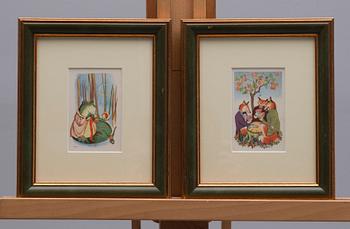 KONSTVYKORT, 5 st, efter Tove Jansson, fyra st med synlig signering i trycket, Taidekorttikeskus 1940-tal.