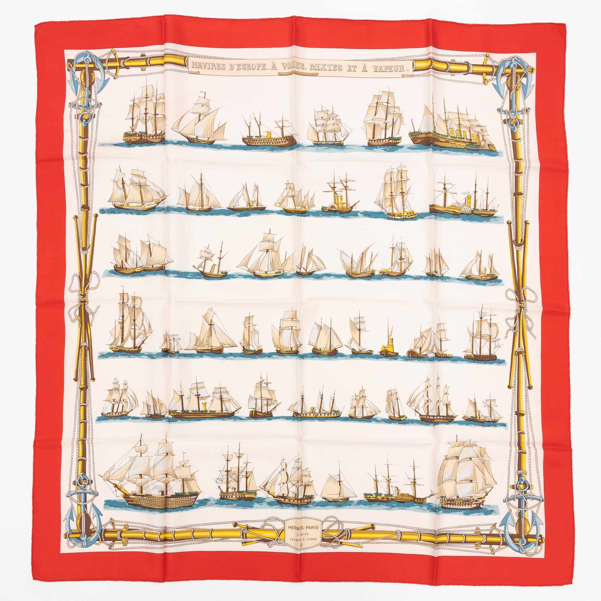 Hermès, a 'Navires d'Europe à Voiles, Mixtes et à Vapeur' silk scarf.