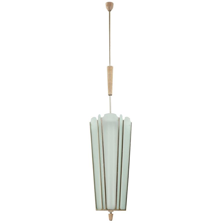 SWEDISH DESIGNER, a nickel plated, white chalked oak and frosted glass ceiling light, mid 20th Century.