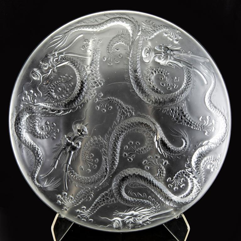 A unmarked Bohemian glass dish with a five clawed dragon, 20th Century.