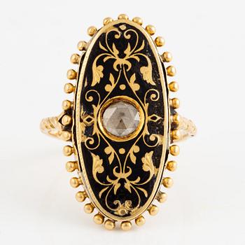 Ring, oval shape, 18K gold with black enamel and rose-cut diamond, 19th century.