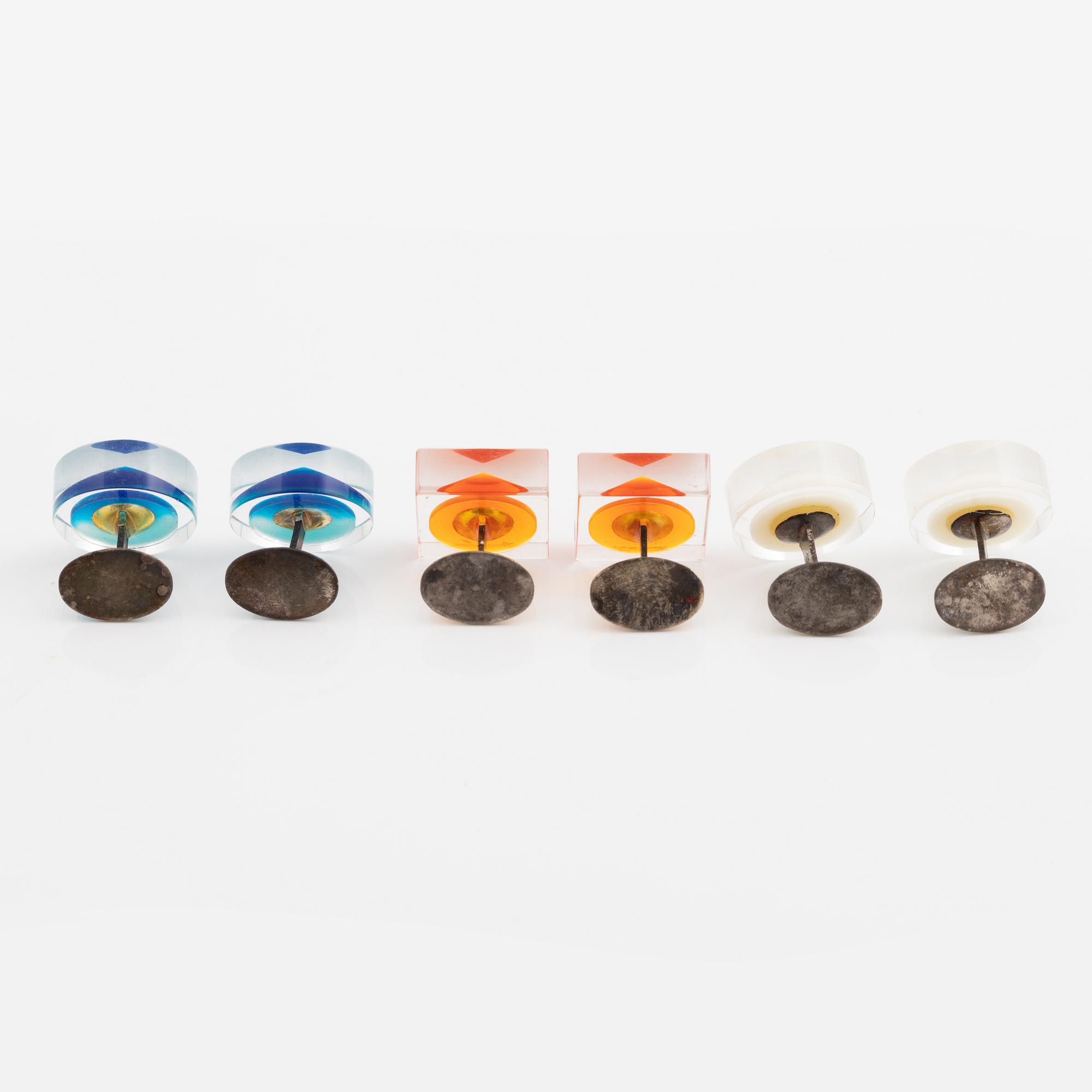 Siv Lagerström, three pairs of cufflinks, acrylic plastic, 1970s.