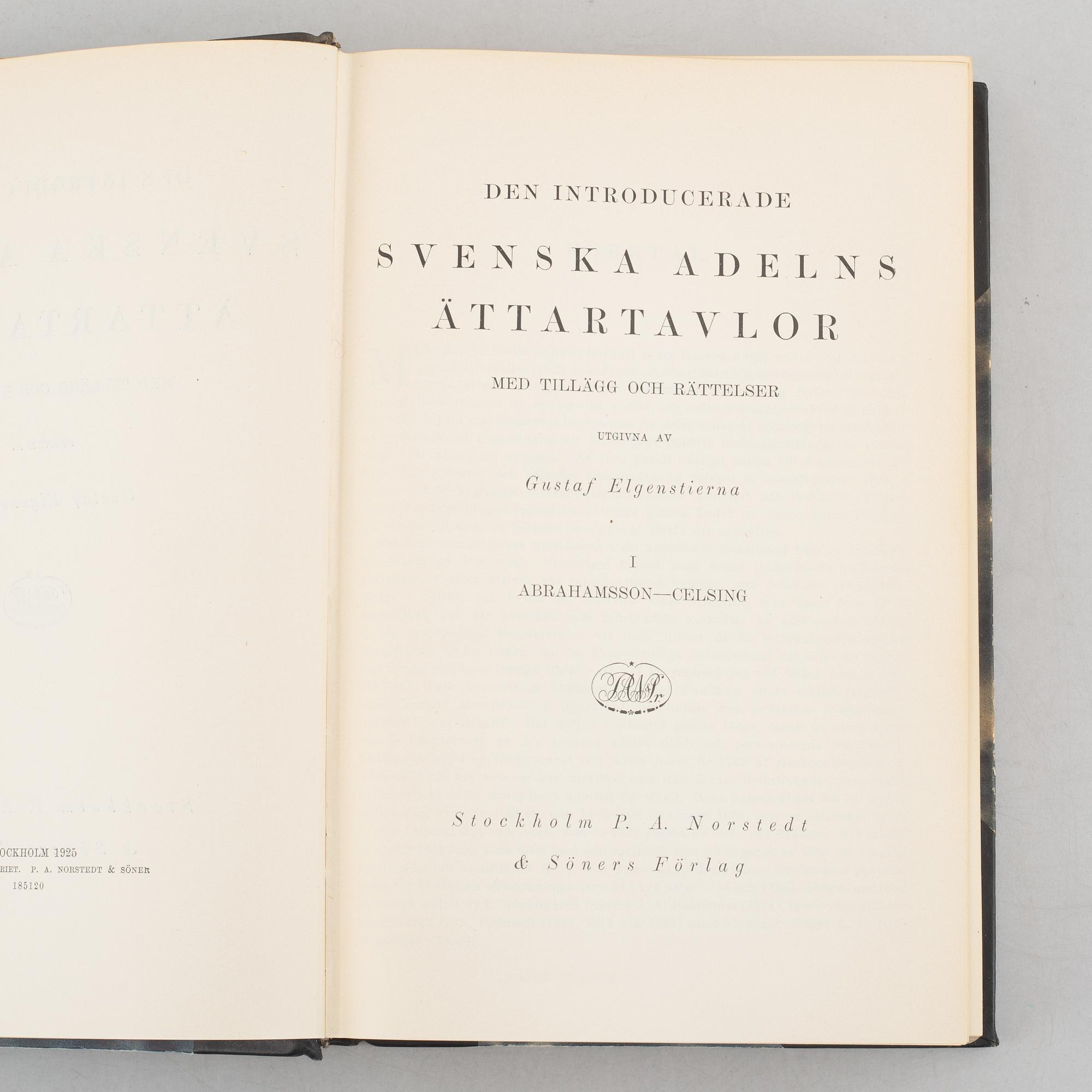 Nine volumes of Gustaf Elgenstierna's 'Den introducerade svenska adelns ättartavlor', 1925-1936.