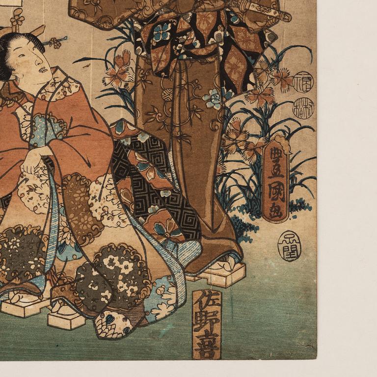 Utagawa Kunisada, three woodblock prints and Utagawa Kuniyoshi, woodblock print.