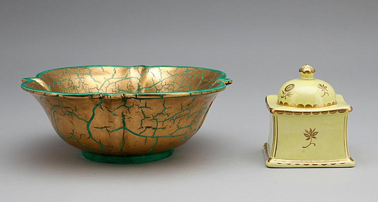 SKÅL samt BLÄCKSTÄLL, flintgods, Wilhelm Kåge, Gustavsberg 1928 och 1929.