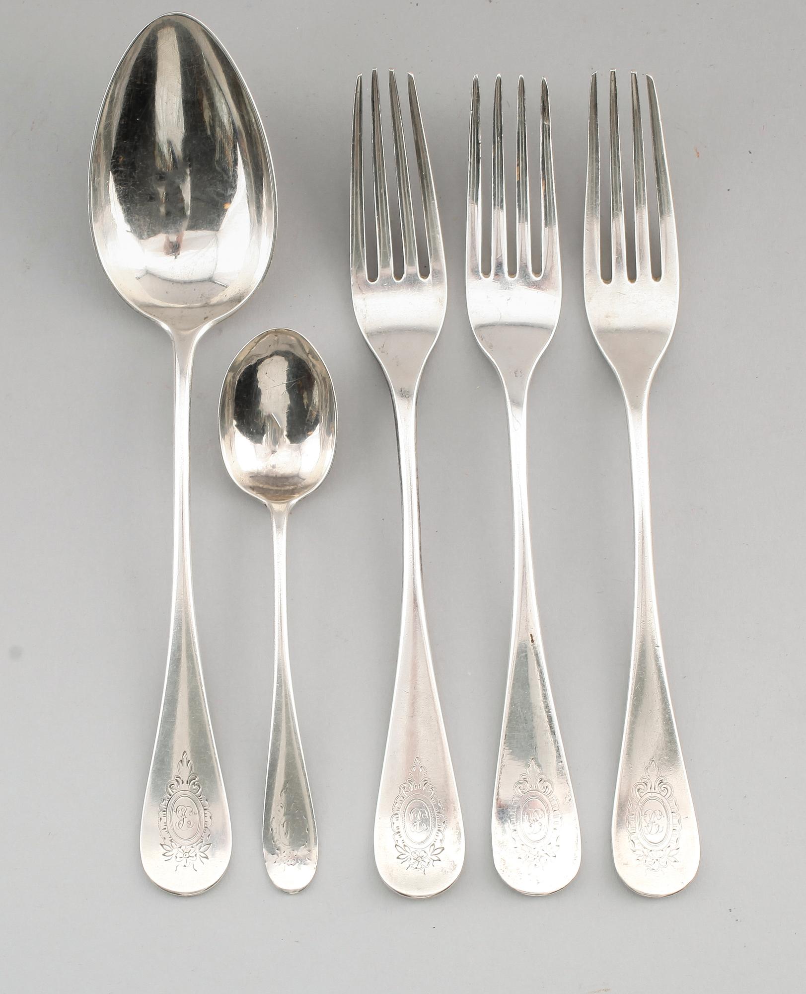 BESTICK, 5 delar, silver, bl a 1890 och 1872. Vikt ca 264 g.
