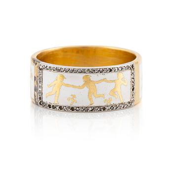 569. A W.A. Bolin 18K gold and enamel ring set with rose-cut diamonds.