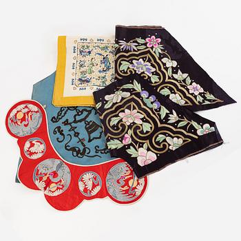 Two Chinese silk collars and two silk embroideries, 20th century.