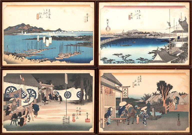 Utagawa Hiroshige I after, woodcut prints 4 pcs, Japan turn of the Century 1900.