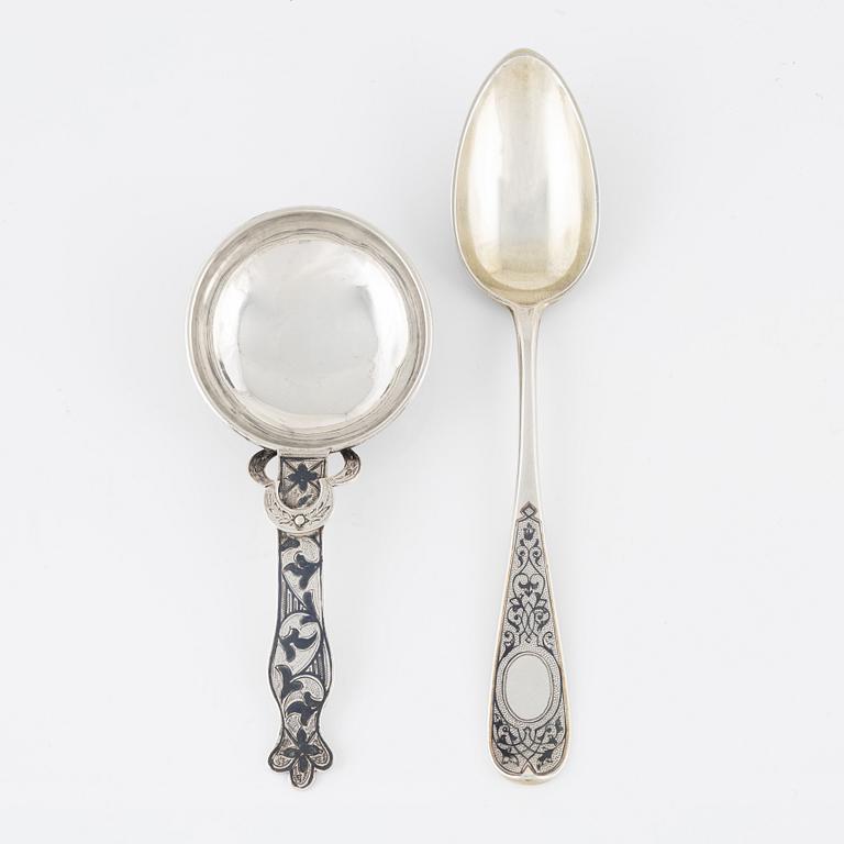 A Russian Silver Niello Ladle and a Spoon, Moscow 1869, and St Petersburg 1885.