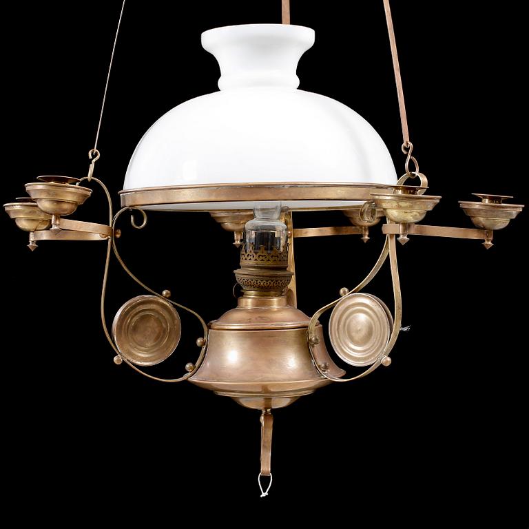 A jugend paraffin lamp, made for ceiling, beginning of the 20th century. Adjustable height ca 115- 140 cm.