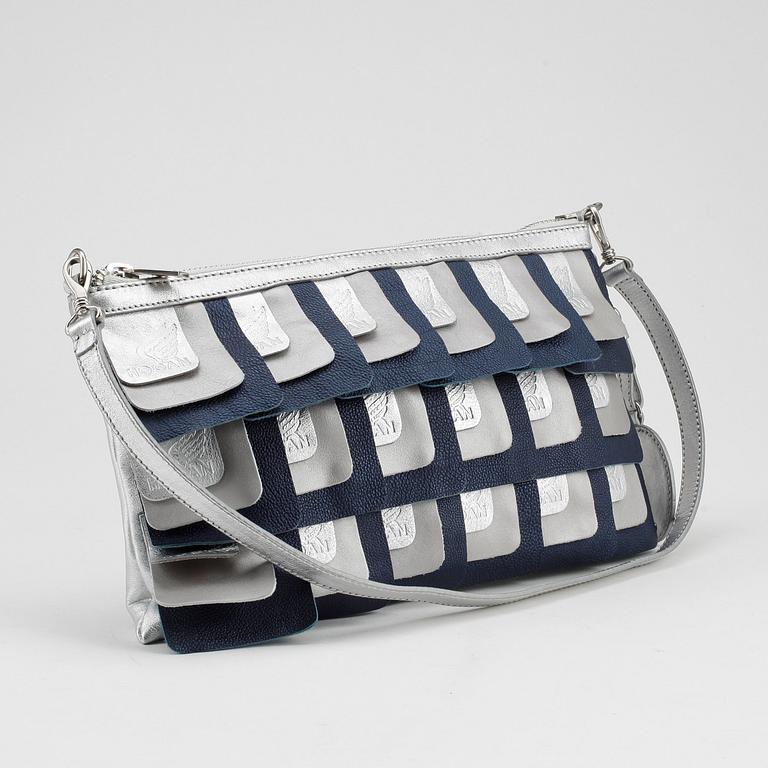 HOGAN BY KARL LAGERFELD, a silver and blue leather clutch with detachable shoulder strap.