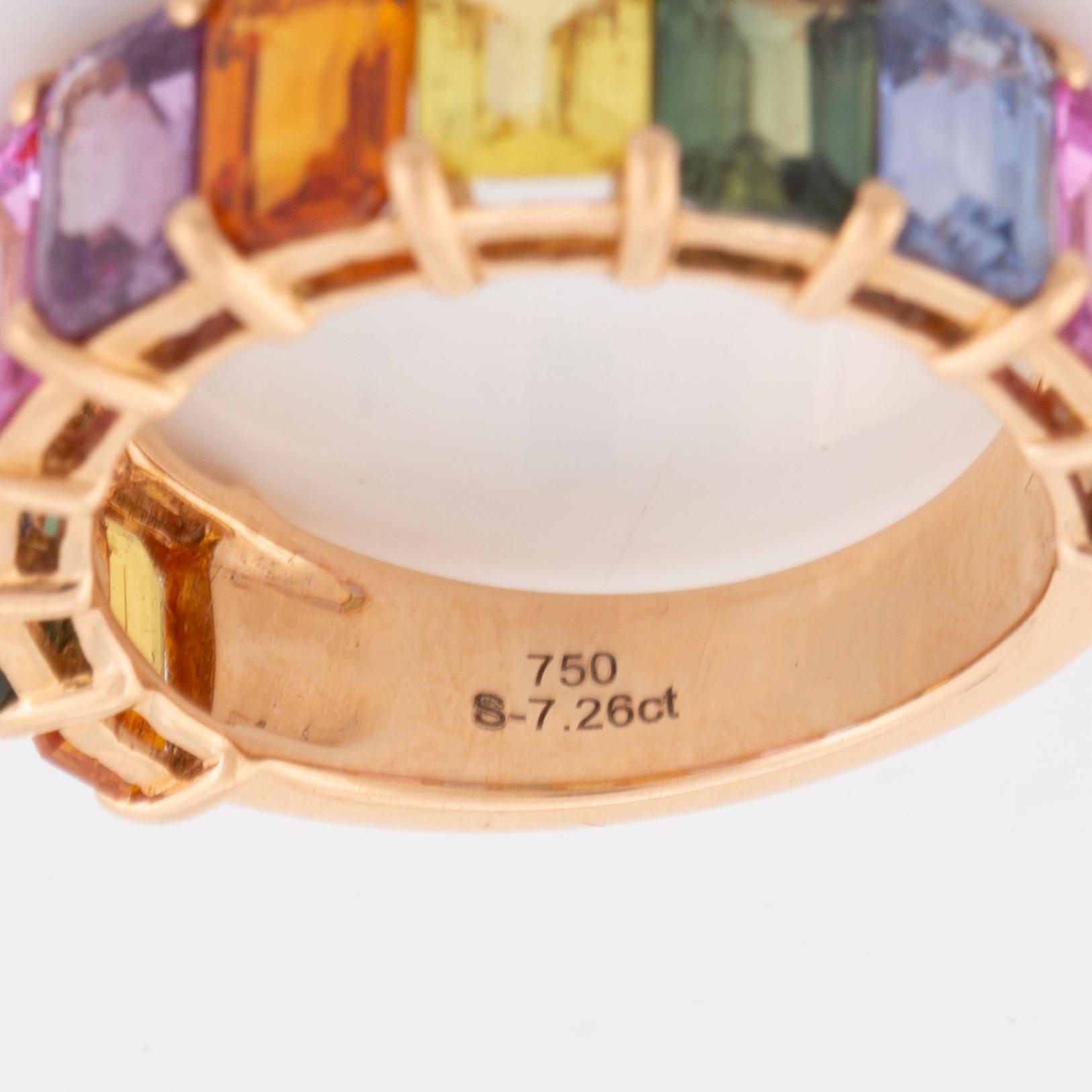 Emerald cut multicolured sapphire ring.