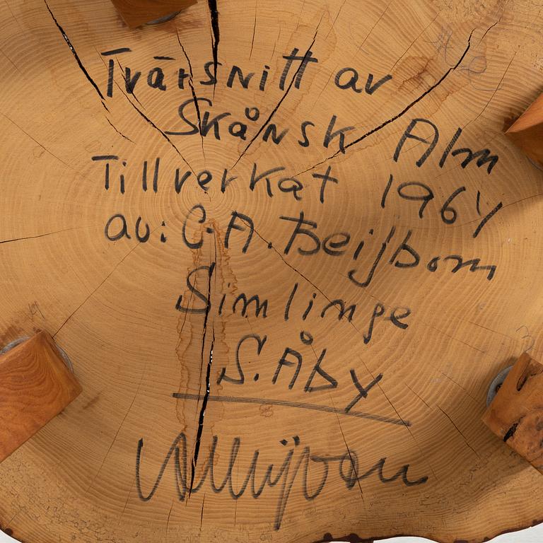 Carl-Axel Beijbom, an elmwood coffee table, Simlingegården Klagstorp, signed and dated 1964.