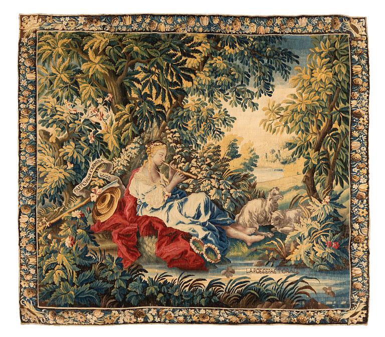 A tapestry, “La poesie pastoral”, tapestry weave, ca 251,5 x 283 cm, after Boucher, France 18th century.