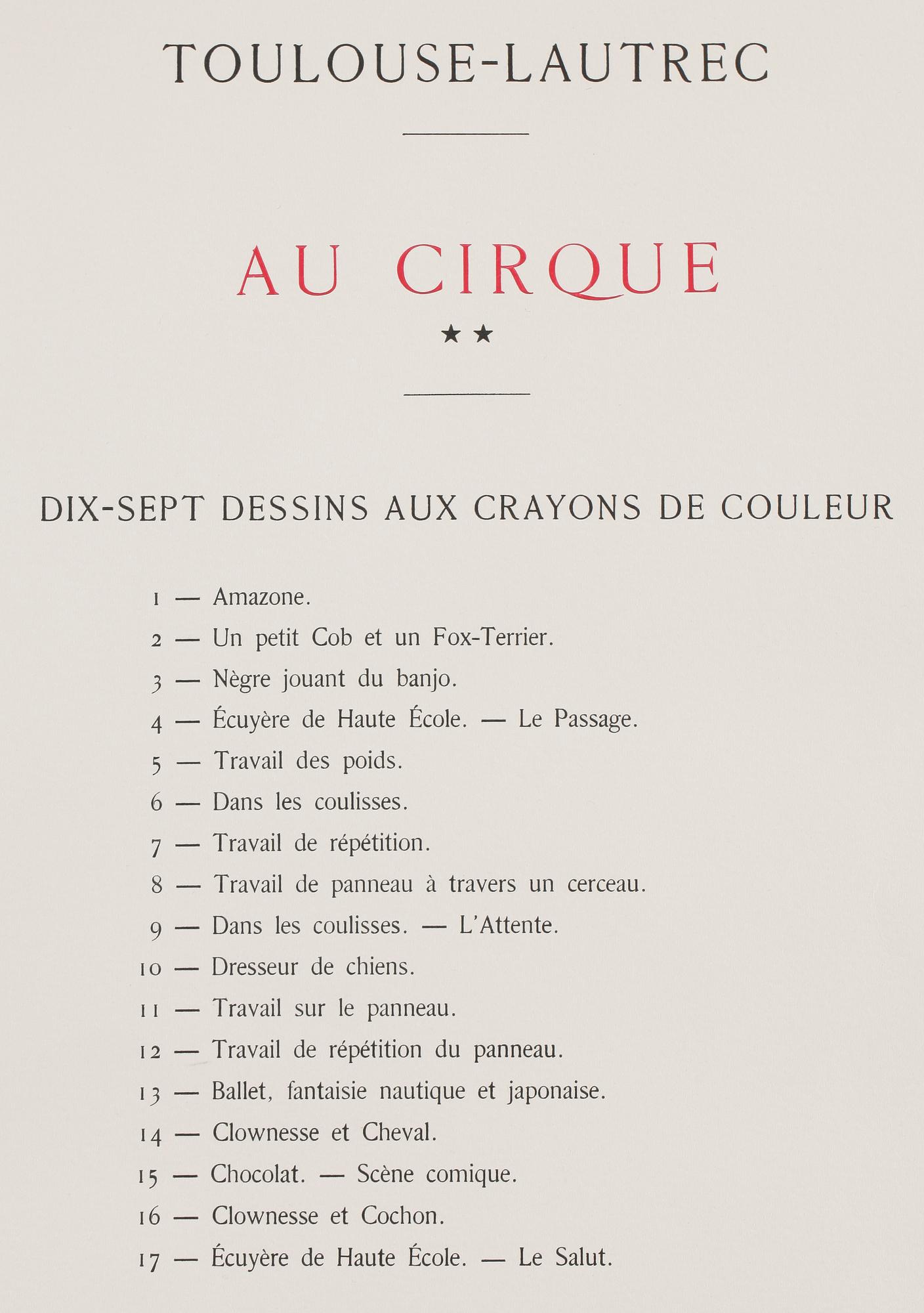 HENRI DE TOULOUSE-LAUTREC, efter, mapp med 17 st litografier, "Au Cirque", Librarie de France, 1900-tal.
